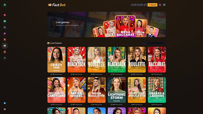 Страница казино FastBet с живыми дилерами для настольных компьютеров