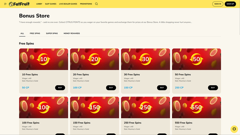 FatFruit Casino Desktop Bonus Store