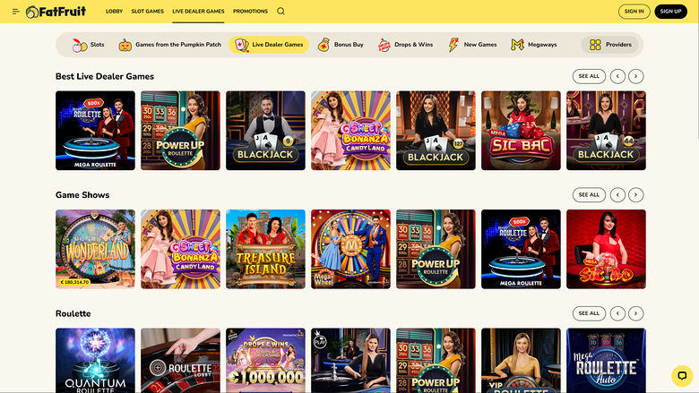 FatFruit Casino Desktop Live Dealer