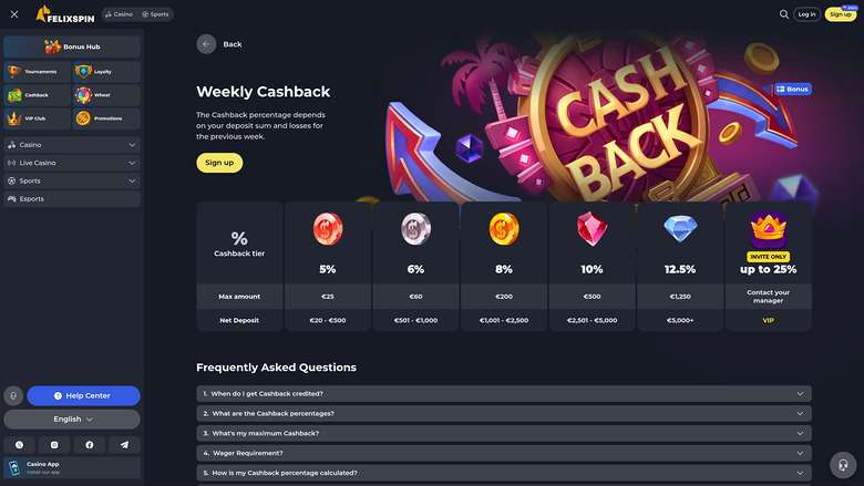 Cashback de Felixspin Casino pour ordinateur de bureau