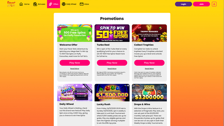 Promotions de Fever Slots Casino pour ordinateur