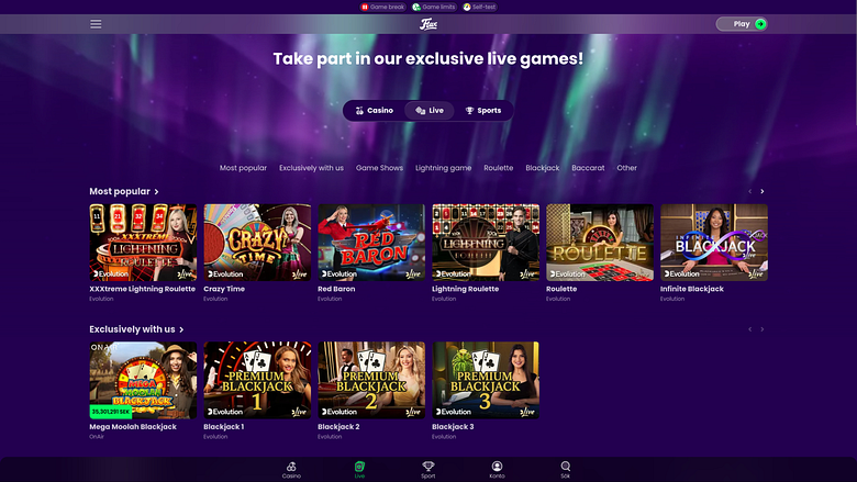 Casino Flax pour ordinateur avec croupier en direct