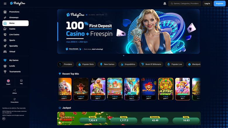 Page d’accueil de FlukyOne sur ordinateur