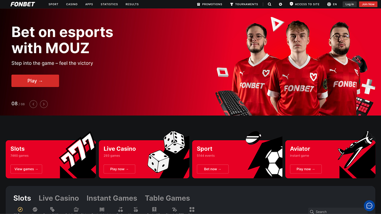 Pagina iniziale di Fonbet Casino Desktop