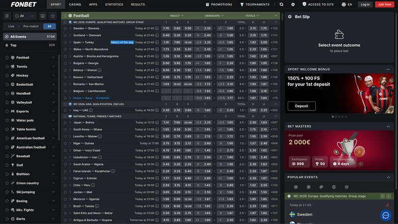 Sport di Fonbet Casino Desktop