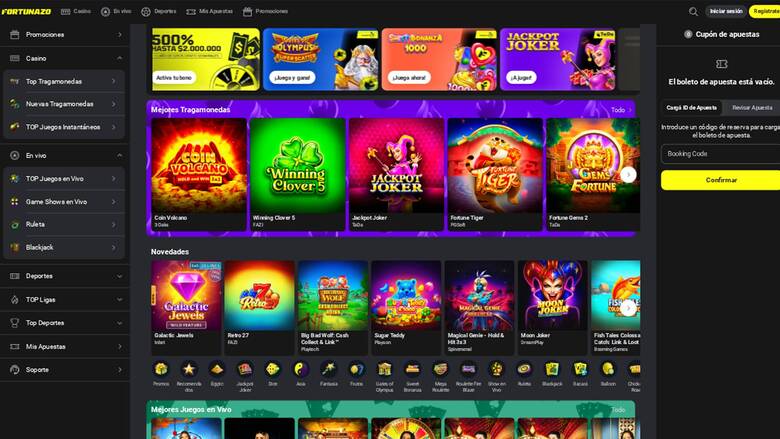 Capture d'écran de la page d'accueil du casino Fortunazo