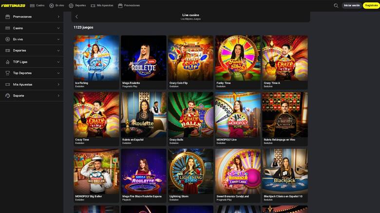 Capture d'écran de la page en direct du casino Fortunazo