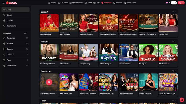 Screenshot della pagina live di Fragabet Casino