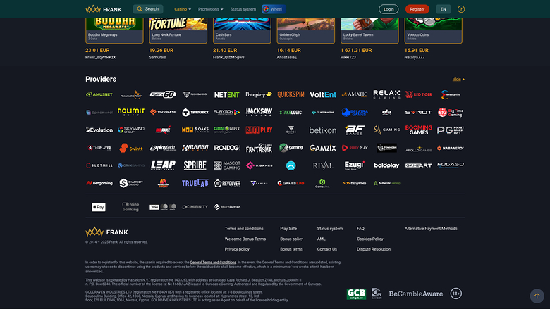 Développeurs du jeu de casino Frank pour ordinateur