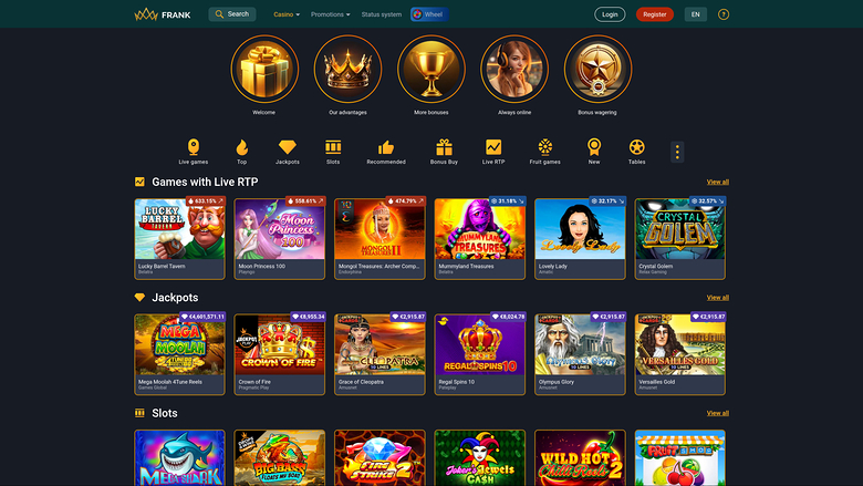 Page d'accueil de Frank Casino pour ordinateur