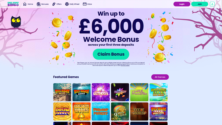 Page d'accueil de Free Spirit Bingo pour ordinateur