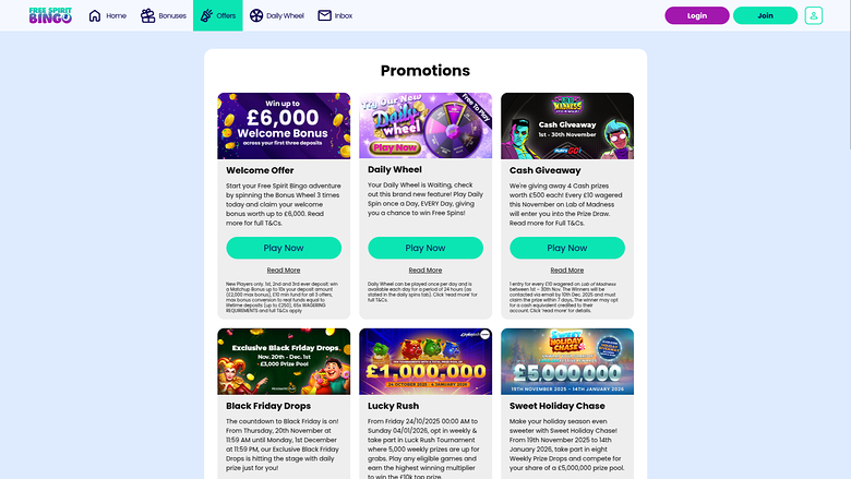 Promotions Free Spirit Bingo sur ordinateur
