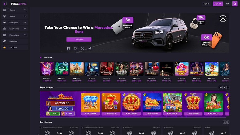 Homepage desktop di Freespinz Casino