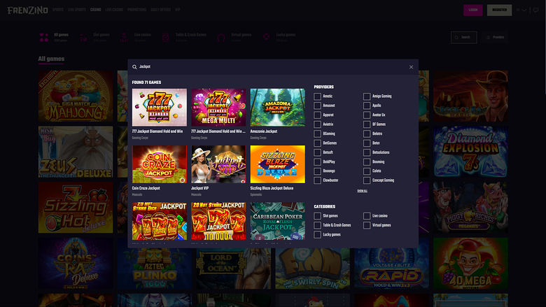 Джекпот на рабочем столе казино Frenzino