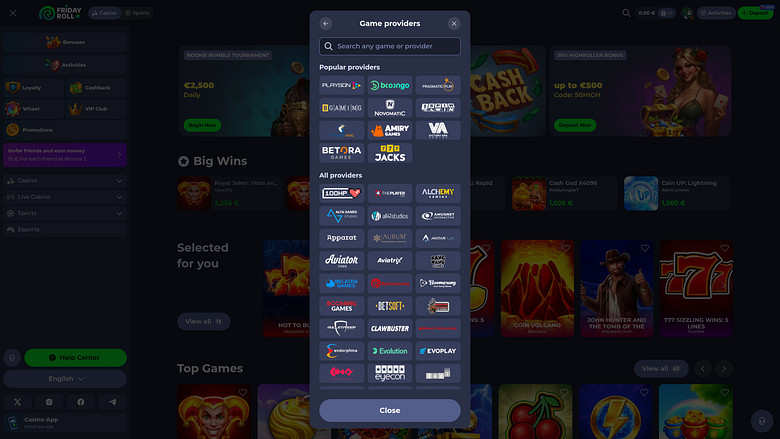 Page des développeurs du jeu FridayRoll Casino version ordinateur