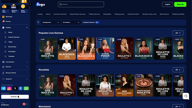 Fugu Casinoのライブディーラーページ