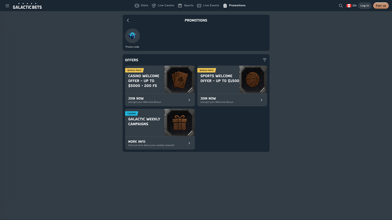 Promotions sur ordinateur du casino Galactic Bets