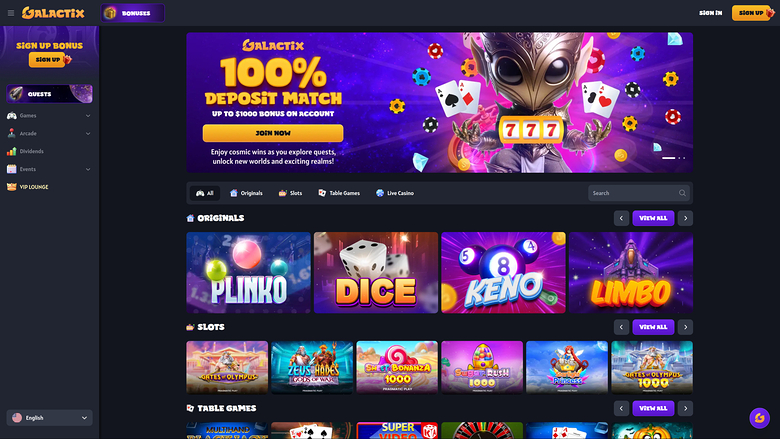 Page d'accueil du casino Galactix pour ordinateur