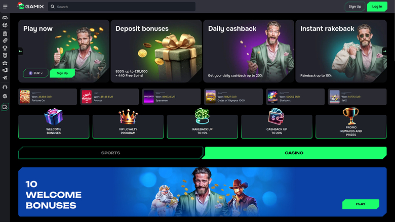 Page d'accueil du casino Gamix pour ordinateur