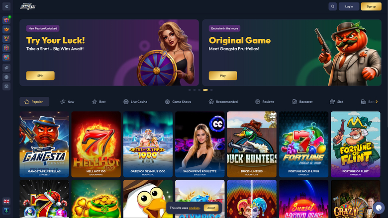 Page d'accueil de Gangsta Casino pour ordinateur