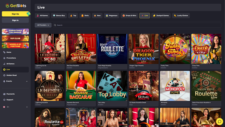 Casino GetSlots pour ordinateur avec croupier en direct