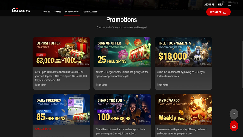 Captura de pantalla de las promociones de GGVegas Casino para ordenador.