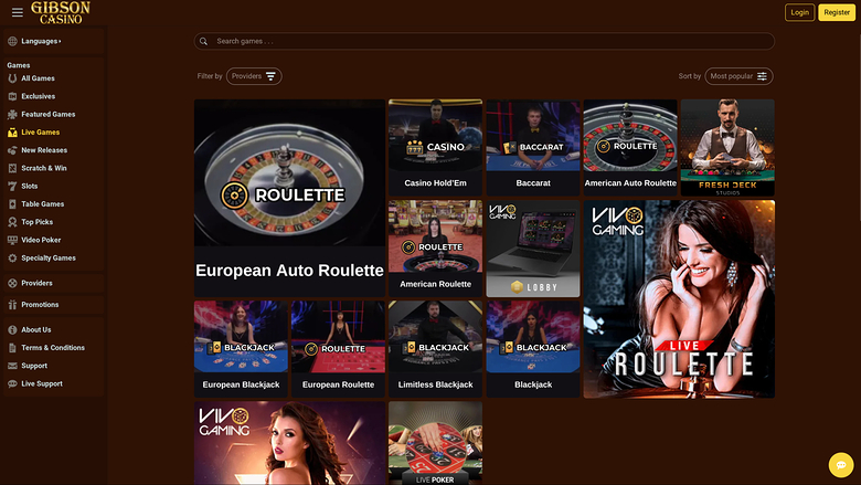 Casino Gibson avec croupier en direct sur ordinateur