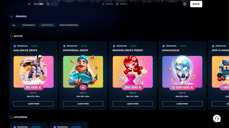 Gizbo Casino Desktop-Aktionen