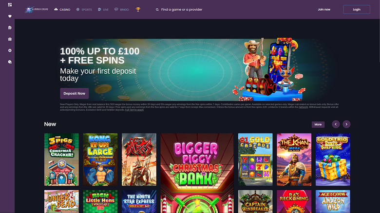 Page d'accueil du casino Glimmer pour ordinateur