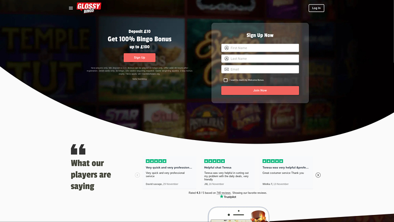 Page d'accueil Glossy Bingo pour ordinateur