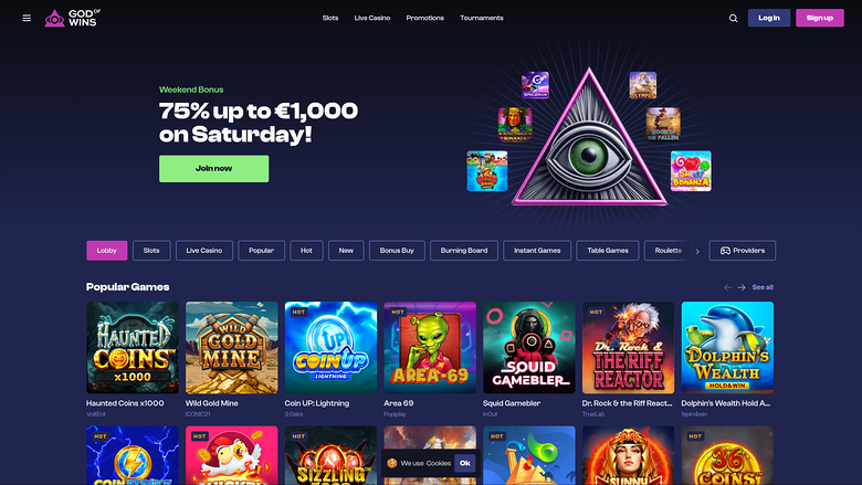Page d'accueil du casino God of Wins sur ordinateur