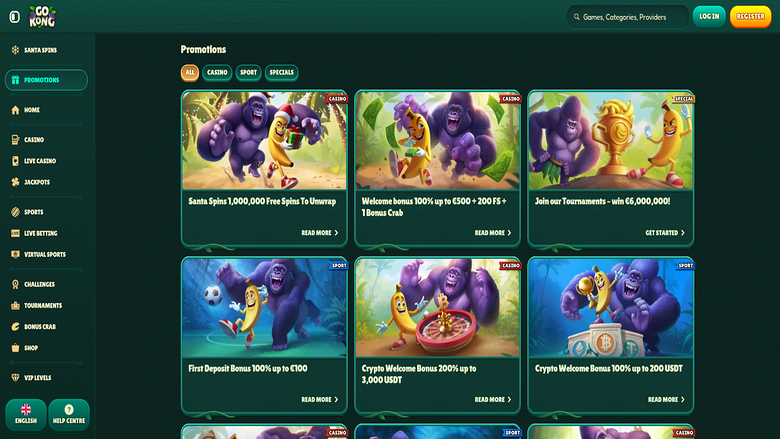 Screenshot der Werbeaktionen von GoKong Casino für Desktop