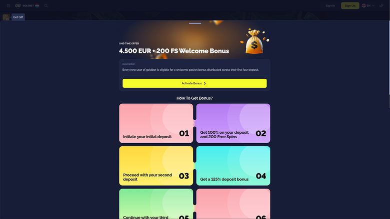 Goldbet.io Casino Desktop Welcome