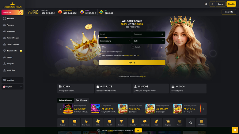 Page d'accueil du casino Golden Crown (ordinateur de bureau)