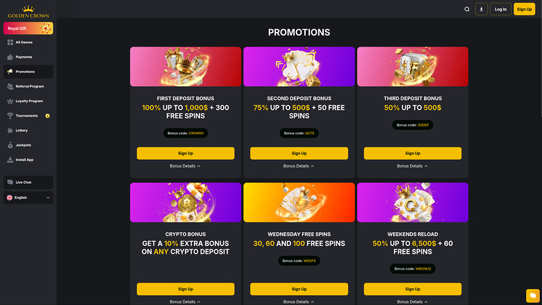Promotions sur ordinateur du casino Golden Crown