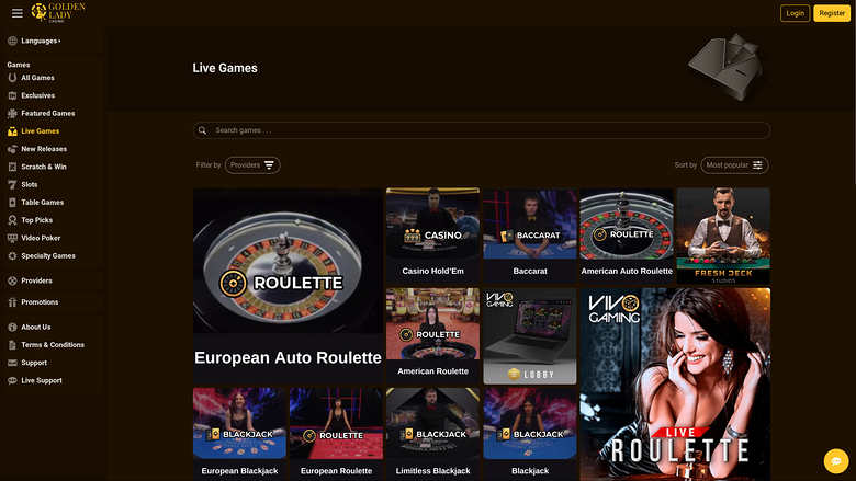 Casino Golden Lady sur ordinateur avec croupier en direct