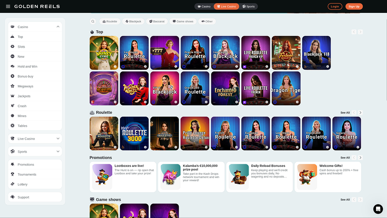 Casino Golden Reels sur ordinateur avec croupier en direct