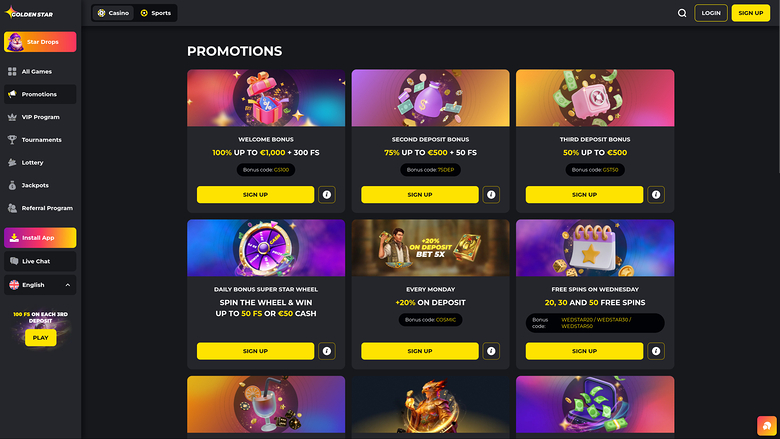 Promotions sur ordinateur du casino Golden Star