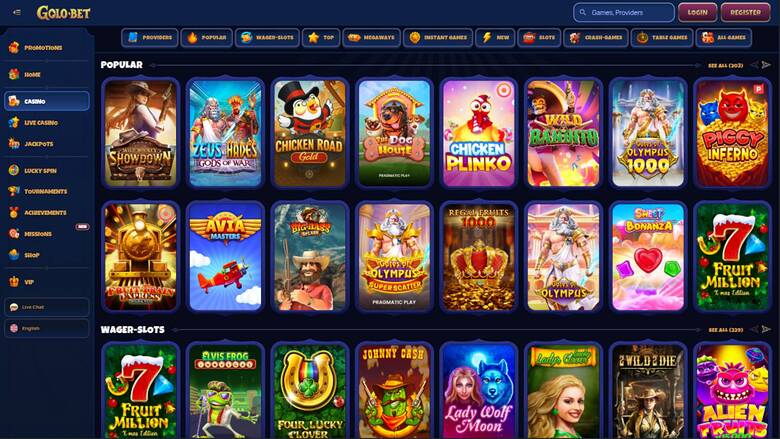 Screenshot della pagina dei giochi di Golobet Casino