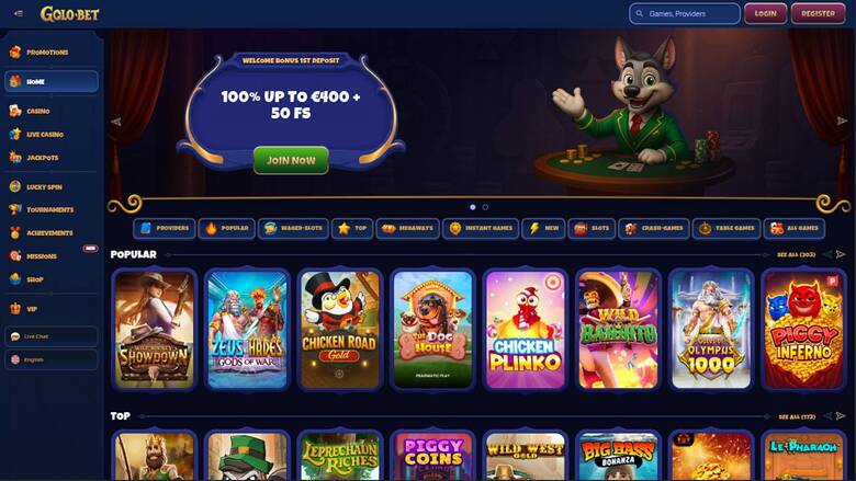 Screenshot della homepage di Golobet Casino