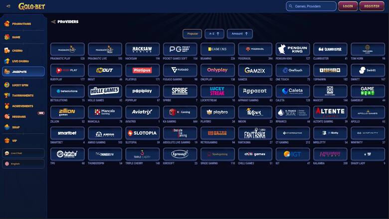 Schermata della pagina dei fornitori di Golobet Casino