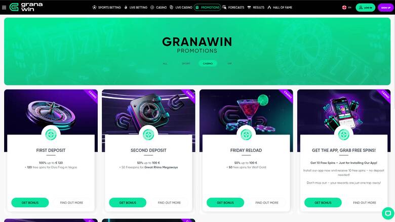 Capture d'écran de la page Promotions du casino GranaWin