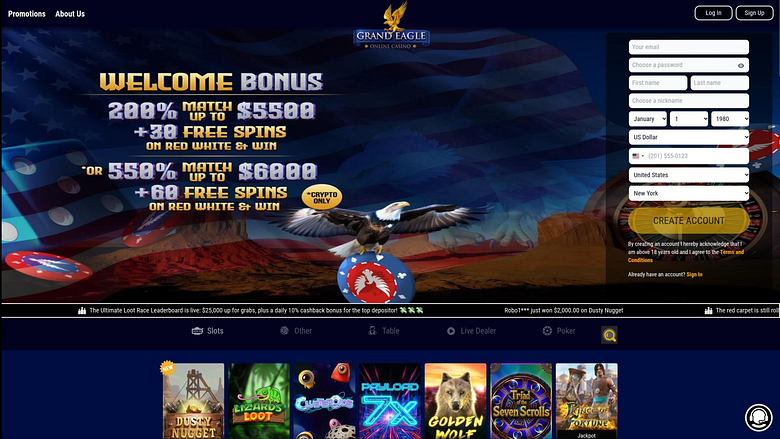 Page d'accueil du casino Grand Eagle (ordinateur de bureau)