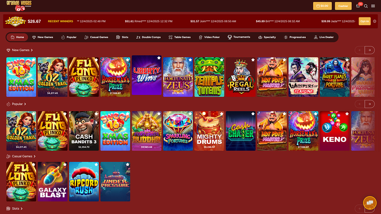 Page d'accueil du casino Grande Vegas (ordinateur de bureau)