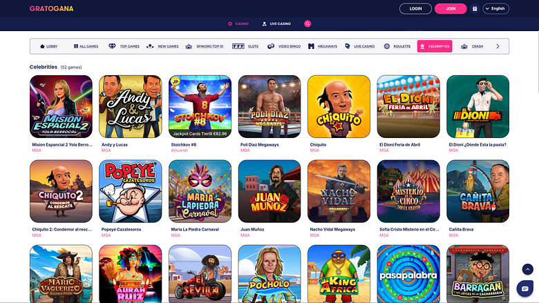 Juegos de celebridades para PC del casino Gratogana