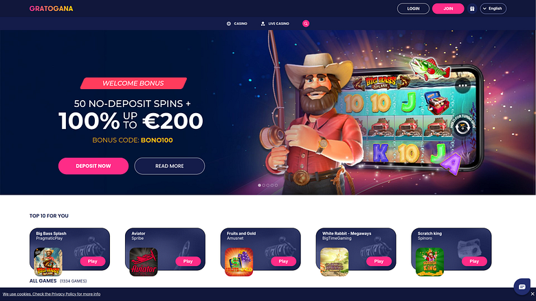 Página de inicio del casino Gratogana para escritorio