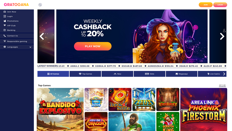 Gratogana Casino Desktop Homepage