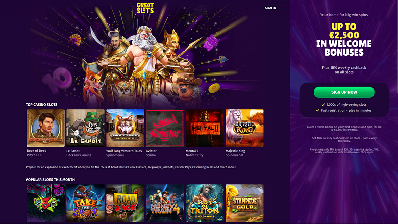 Page d'accueil de GreatSlots Casino sur ordinateur
