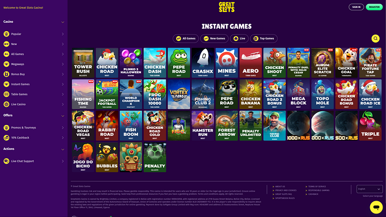 Jeux instantanés de bureau du casino GreatSlots