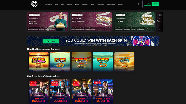 Page d'accueil du casino Grosvenor (ordinateur)